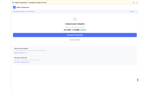 Video Compressor - Compress Video for Free :: Compress video files right in your browser sidebar. For Discord, WhatsApp, Email. Fast, free, 100% private.