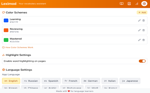 LangLearn :: Highlight words, set learning status, and track your vocabulary visually while browsing any website.