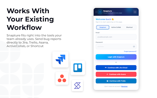 Snapture :: Capture screenshots & videos, annotate issues, and send AI-powered bug reports to Jira, Trello, Asana & more.