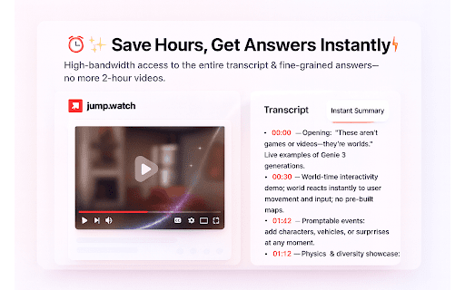 YouTube AI Summary & Transcript - JumpWatch :: Summarize any YouTube video with AI. Get the full transcript, ask questions, and chat with the video - free.