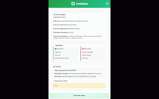 DealMate: Evaluate Facebook Car Listings :: Evaluate used car listings on Facebook Marketplace with AI-powered pricing analysis