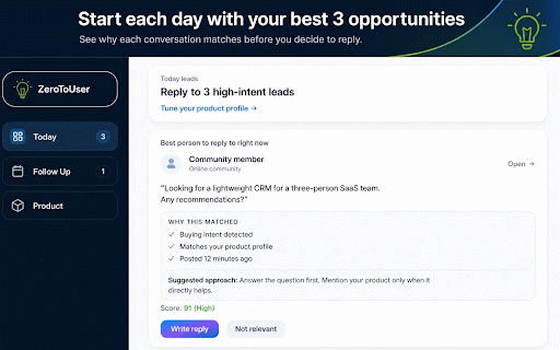 Zerotouser Browser Assistant :: Review high-intent X and Reddit conversations, draft a useful reply, and track the next step.
