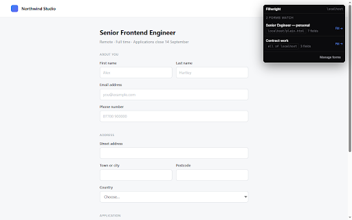 Fillwright — Form Autofill :: Fill saved data into web forms with one click. Works on React, shadow DOM and iframes. Local-only, no account, no tracking.