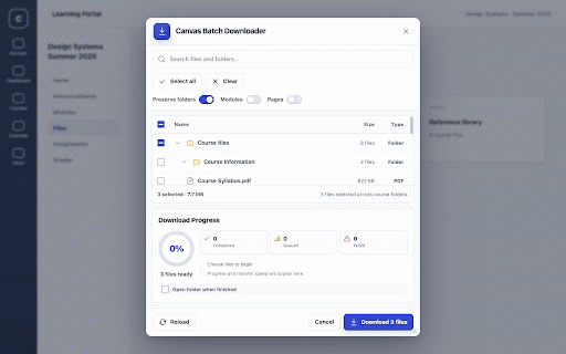 Canvas Batch Downloader :: Batch-select and download Canvas course files that your logged-in account can already access.