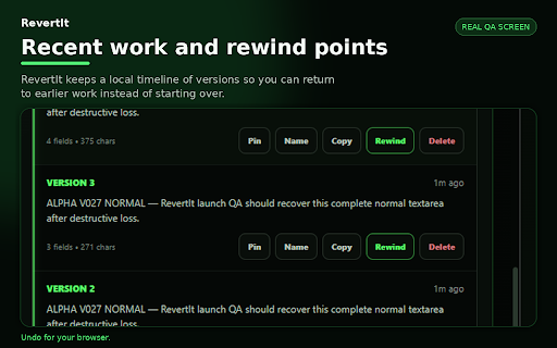 RevertIt :: Undo for your browser. Recover lost drafts, undo destructive deletions, and resume saved browser work after disruptions—locally.
