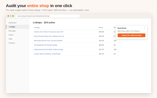 Real Profit: Etsy Fee & Profit Calculator :: Etsy profit calculator: real net margin on every listing after all 2026 fees + POD cost. One-time payment, no subscription.