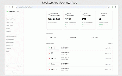 Authentyk Scan :: Free AI content detector for any web page. Check whether text, images, or video is AI-generated and share a verification Seal.