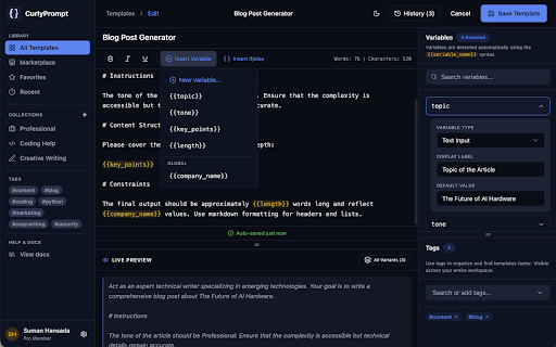 CurlyPrompt :: Build reusable prompt templates with variables and inject them into AI tools like ChatGPT, Claude, Gemini, etc.
