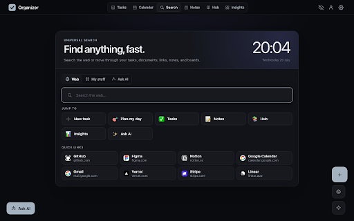 Organizer: New Tab Task Manager & Calendar :: Replace your new tab with a kanban task board, calendar sync, sticky notes, quick links and AI. Free, no account needed.