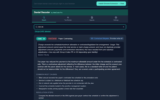 Denial Decoder - CARC & RARC Code Lookup :: Instant CARC & RARC denial code lookup with plain-English explanations, root causes, and resolution steps.