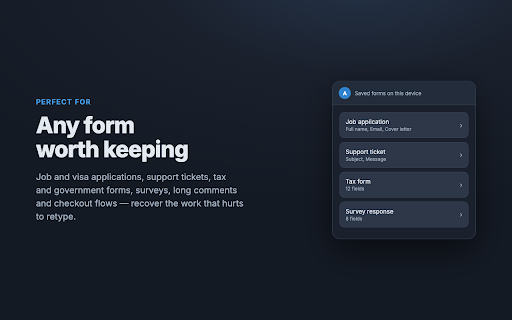 Form Guardian – Recover Lost Form Data + Autosave :: Automatically saves what you type in web forms and restores it in one click after a crash, tab close, or network error. Free.