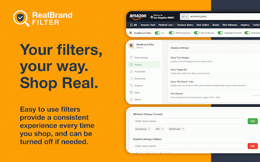 RealBrand Filter - Clean Up Amazon Search :: Filter out unknown brands and clean up Amazon search results. See trust badges, hide sketchy products.