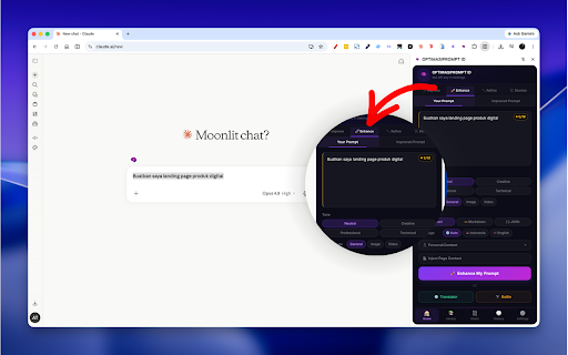 OPTIMASIPROMPT ID :: Optimalkan & sempurnakan prompt AI kamu langsung di halaman chat — cukup 1 klik, tanpa pindah tab atau copy-paste.