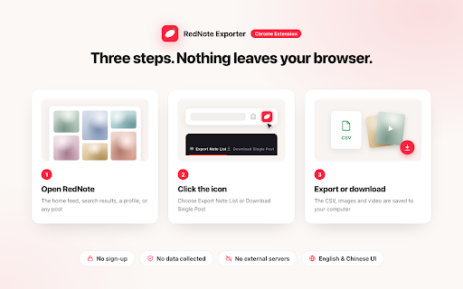 RedNote Exporter - Xiaohongshu Image & Video Downloader, Export to CSV :: Download all images & videos from a RedNote (Xiaohongshu) post in one click, and export note lists (feed, search, profiles) to CSV
