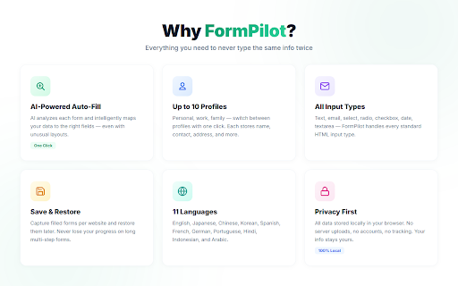FormPilot - AI Form Autofill :: Fill any web form with one click. AI-powered autofill for name, address, email & more. Free, no account needed.