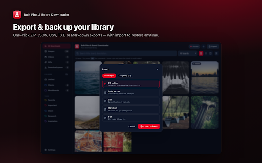 Pinterest Bulk Pins And Board Downloader :: Download Pinterest pins, images, videos, GIFs and entire boards in one click. Organize, search, and export your inspiration.