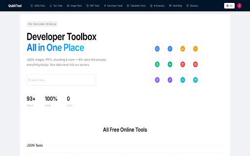 QubitTool - Developer Tools & JSON :: 100+ ultimate developer tools. JSON formatter, Base64 encoder, image compressor, Regex tester, and more. 100% offline.