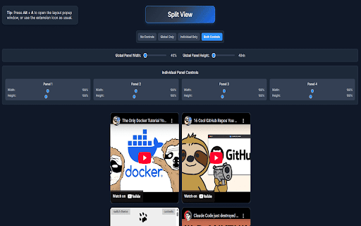 Split View :: Split your Chrome window to view multiple tabs side by side. You can control the size of the panels and the tabs individually.