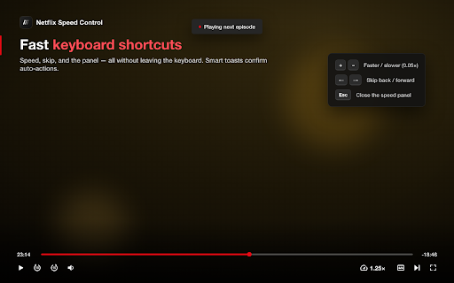 Netflix Speed Control — 2x Playback Speed, Fast Forward & Rewind :: Speed up Netflix — playback speed slider up to 2x, skip back or forward 1–60 seconds instead of 10, auto-skip intros & recaps.