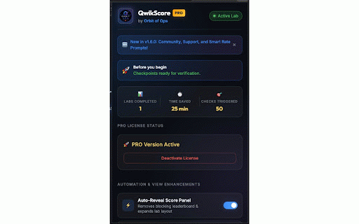 QwikScore Pro by Orbit of Ops :: Supercharge Google Cloud Skills Boost & Qwiklabs! Auto-reveal scores, copy commands, dark mode & auto-check progress.