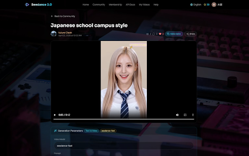 Seedance3 :: Browse community videos in side panel, play videos, view prompts/content, and launch Same in one click.