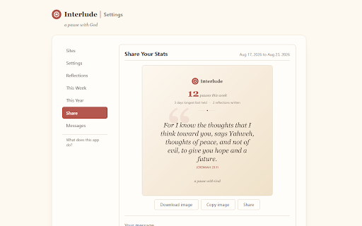 Interlude - a pause with God :: Pauses you with a short, matched Bible verse before sites you choose, a gentle interruption, not a block.