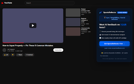 Coach Mode — AI Form Coach for Sport Tutorials :: Get AI coaching tips while watching sport tutorials on YouTube. Powered by SportsReflector — the #1 AI sports form analyzer.