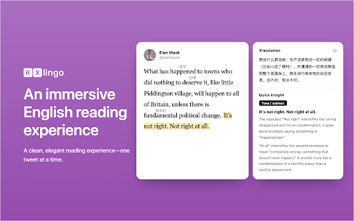 RXlingo :: Learn English on X. With RXlingo, read short, fresh, everyday English posts on X with ease, stay informed, and improve your English.