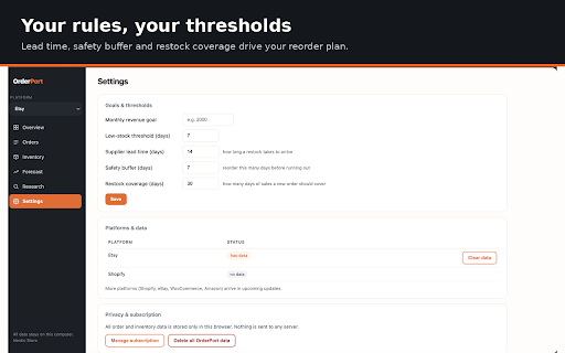 OrderPort — Sales, Inventory & Forecasting for Etsy™, Shopify & more :: Orders, sales analytics, inventory & stock-out forecasts, product watchlist. Etsy, Shopify, WooCommerce, Amazon. Local & private.