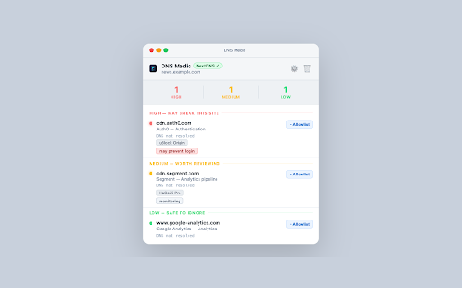 DNS Medic :: Detects DNS blocks that break websites. Supports NextDNS, Pi-hole, and Control D. Groups by risk and lets you allowlist instantly.