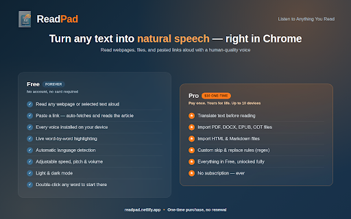 ReadPad - Text to Speech Reader :: Text-to-speech reader for Chrome. Read webpages or pasted text aloud. Pro adds translation, file import, and custom rules.