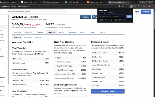 ValueFinder — Find financial metrics :: Find financial metrics on stock websites, highlight their location, and discover alternative sources.