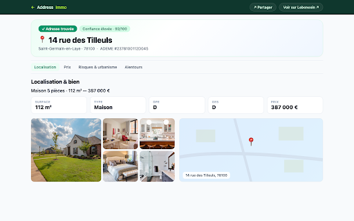AddressImmo :: Retrouve l'adresse d'une annonce immobilière via les registres publics ADEME (DPE) et IGN (cadastre).