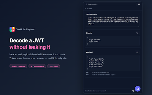 Toolkit for Engineer :: 22 developer tools in one side panel — JSON, timestamps, JWT, regex, diff, hashes, images. No tab switching, no uploads.