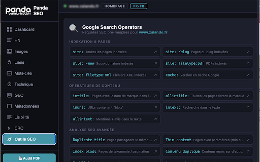 Panda SEO - Audit SEO & GEO :: Audit SEO, GEO & CRO en 1 clic. Scores, Hn, images, liens, mots-cles, lisibilite, operateurs Google et 80+ outils SEO.