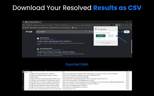 Goto URL Resolver :: Reveals the real destination behind Google's /goto redirect links on search results, and exports them to CSV.