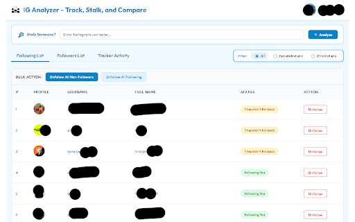 IG Analyzer and Unfollower - Mass Unfollowing and Follower Tracker for IG :: Unfollow those who don't follow back, clean up profiles you don't follow back, stalk and compare any profile.