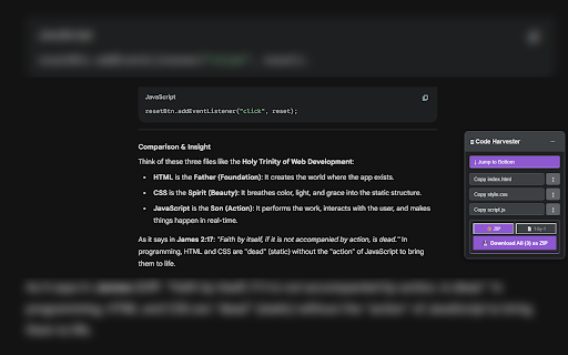 AI Code Harvester for Gemini & ChatGPT :: AI Code Harvester works on Gemini and ChatGPT - copy & download code blocks, jump between files, select what you need, export as ZIP