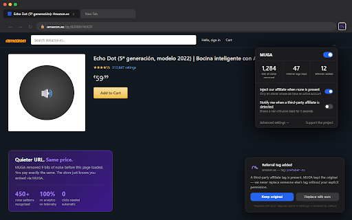MUGA: The URL denoise extension for the web :: Clean the tracking noise from your URLs without breaking them. No analytics, no telemetry. Open source.