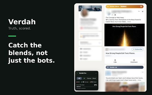 Verdah :: Highlights likely AI-written posts on LinkedIn with confidence-scored badges.