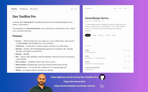 Dev ToolBox Pro :: Format JSON and SQL, decode Base64 and JWT, convert Unix time, and diff text — locally in a Chrome side panel.