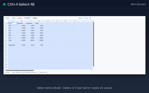 Mini Spread :: Lightweight spreadsheet in your browser. Formulas, range select, CSV/XLS export, Google Drive save. No server, no tracking.