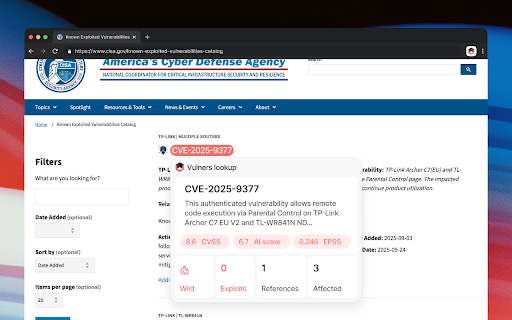 Vulners Lookup :: Automatically detect and highlight CVE IDs on web pages with vulnerability information from Vulners.com