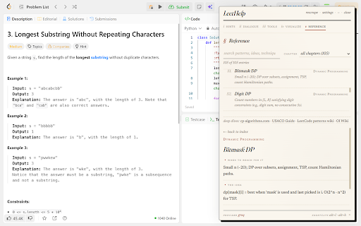 LeetHelp :: Progressive hints for LeetCode, Codeforces, HackerRank, AtCoder and CodeChef. Code rating and a 100-pattern DSA reference.