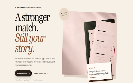 Rezzie :: Tailor a truthful, job-specific resume from the job page you are viewing using your saved Rezzie resumes and credits.