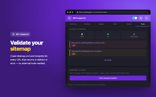 SEO Page Inspector — Meta Tags, Headings & Schema Audit :: On-page SEO audit in one click: title, meta, headings, canonical, hreflang, Open Graph and schema. No account, no telemetry.