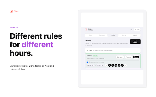 Takt — Auto Tab Group Manager :: Tab organizer that auto-groups tabs by your rules, blocks duplicates and frees memory. All local: no account, no telemetry.