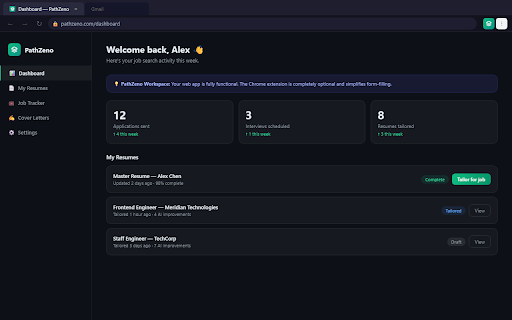 PathZeno :: Create tailored resume and job form suggestions you review before using. PathZeno never submits applications for you.