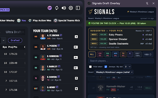 Signals Draft Overlay :: Your Signals draft board, live beside your Sleeper, ESPN, CBS, Fleaflicker or Yahoo draft room — picks strike off as they happen.