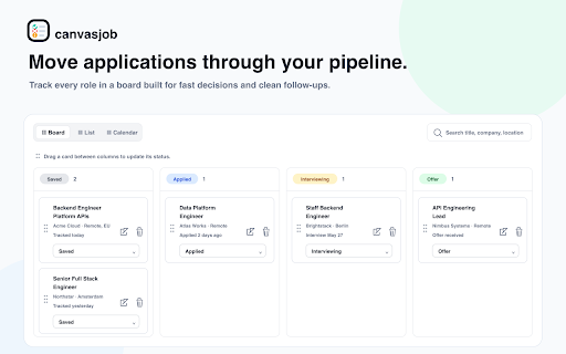 AI Job Filter & Tracker for LinkedIn – canvasjob :: Filter LinkedIn jobs with your own criteria. Get pass/fail/unknown answers with evidence, then track promising roles.